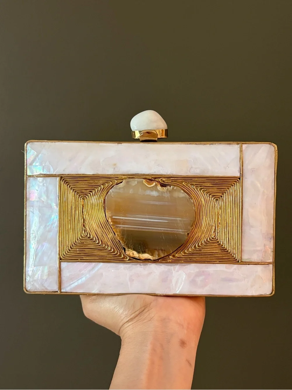 Iridescent Mother-of-Pearl & Gold Geode Frame Clutch